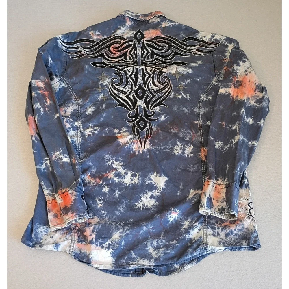Roar Signature Edition Shirt Mens Medium Blue Tie Dye Tribal Embroidered Western